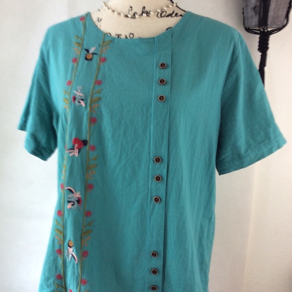 Teal Boho Floral Embroidered Short Sleeve Top XL - Picture 2 of 12